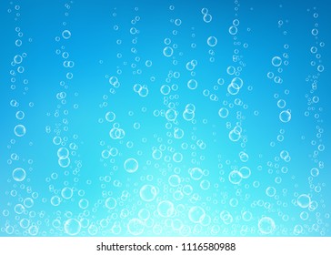 Underwater fizzing air, water or oxygen  bubbles on blue  background. Fizzy sparkles in sea, aquarium. Fizz. Undersea vector texture with rays of sunlight.