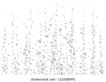 Underwater fizzing air, water or oxygen  bubbles on white  background. Effervescent drink. Fizzy sparkles in sea, aquarium. Champagne. Soda pop. Undersea vector texture.