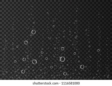 Underwater fizzing air, water or oxygen  bubbles on white  background. Effervescent drink. Fizzy sparkles in sea, aquarium. Champagne. Soda pop. Undersea vector texture.
