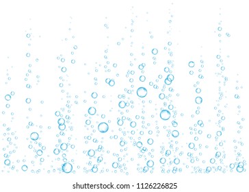 Underwater fizzing air, water or oxygen  bubbles on white  background. Effervescent drink. Fizzy sparkles in sea, aquarium.  Soda pop. Undersea vector texture.