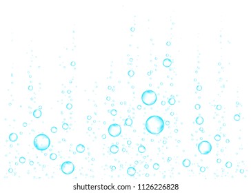 Underwater fizzing air, water or oxygen  bubbles on white  background. Effervescent drink. Fizzy sparkles in sea, aquarium.  Soda pop. Undersea vector texture.