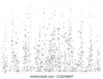 Underwater fizzing air, water or oxygen  bubbles on white  background. Effervescent drink. Fizzy sparkles in sea, aquarium. Champagne. Soda pop. Undersea vector texture.