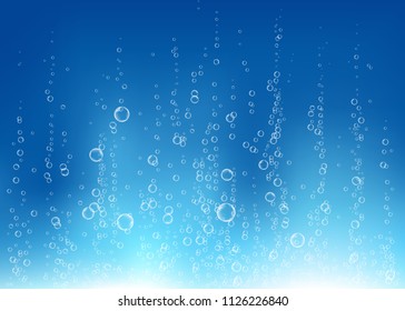 Underwater fizzing air, water or oxygen  bubbles on blue  background. Fizzy sparkles in sea, aquarium. Fizz. Undersea vector texture with rays of sunlight.