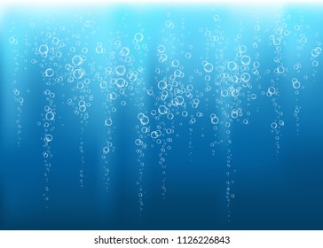 Underwater fizzing air, water or oxygen  bubbles on blue  background. Fizzy sparkles in sea, aquarium. Fizz. Undersea vector texture with rays of sunlight.