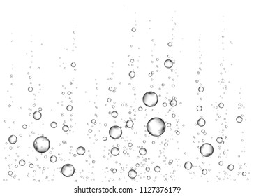 Underwater fizzing air, water or oxygen  bubbles on white  background. Effervescent drink. Fizzy sparkles in sea, aquarium. Champagne. Soda pop. Undersea vector texture.