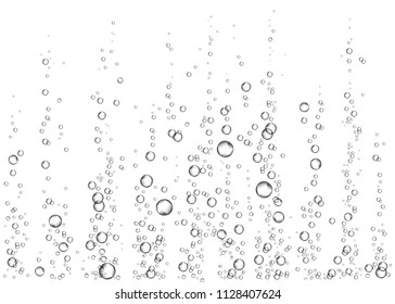 Underwater fizzing air, water or oxygen  bubbles on white  background. Effervescent drink. Fizzy sparkles in sea, aquarium. Champagne. Soda pop. Undersea vector texture.