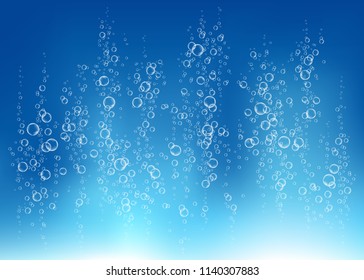 Underwater Fizzing Air, Water Or Oxygen  Bubbles On Blue  Background. Fizzy Sparkles In Sea, Aquarium. Fizz. Undersea Vector Texture With Rays Of Sunlight.