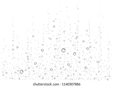 Underwater fizzing air, water or oxygen  bubbles on white  background. Effervescent drink. Fizzy sparkles in sea, aquarium. Champagne. Soda pop. Undersea vector texture.