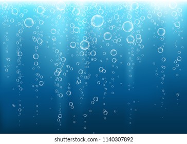 Underwater fizzing air, water or oxygen  bubbles on blue  background. Fizzy sparkles in sea, aquarium. Fizz. Undersea vector texture with rays of sunlight.