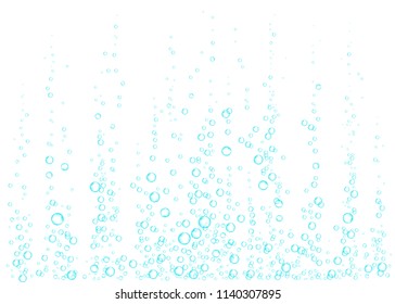 Underwater fizzing air, water or oxygen  bubbles on white  background. Effervescent drink. Fizzy sparkles in sea, aquarium.  Soda pop. Undersea vector texture.