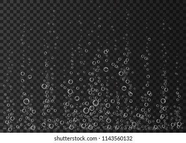 Underwater fizzing air, water or oxygen  bubbles on black  background. Effervescent drink. Fizzy sparkles in sea, aquarium. Champagne. Soda pop. Undersea vector texture.