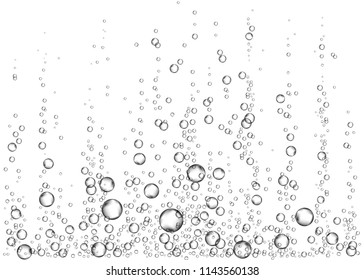 Underwater fizzing air, water or oxygen  bubbles on white  background. Effervescent drink. Fizzy sparkles in sea, aquarium. Champagne. Soda pop. Undersea vector texture.