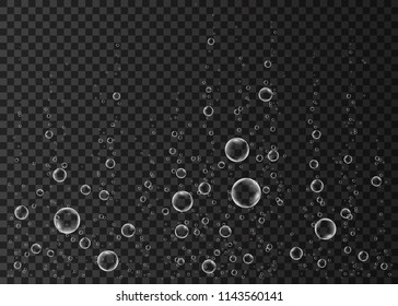 Underwater fizzing air, water or oxygen  bubbles on white  background. Effervescent drink. Fizzy sparkles in sea, aquarium. Champagne. Soda pop. Undersea vector texture.