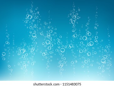 Underwater fizzing air, water or oxygen  bubbles on blue  background. Fizzy sparkles in sea, aquarium. Fizz. Undersea vector texture with rays of sunlight.