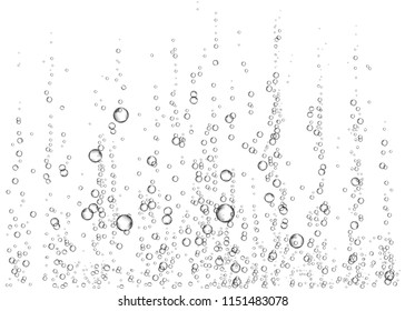 Underwater fizzing air, water or oxygen  bubbles on white  background. Effervescent drink. Fizzy sparkles in sea, aquarium. Champagne. Soda pop. Undersea vector texture.