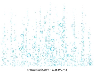 Underwater fizzing air, water or oxygen  bubbles on white  background. Effervescent drink. Fizzy sparkles in sea, aquarium. Champagne. Soda pop. Undersea vector texture.