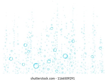 Underwater fizzing air, water or oxygen  bubbles on white  background. Effervescent drink. Fizzy sparkles in sea, aquarium.  Soda pop. Undersea vector texture.