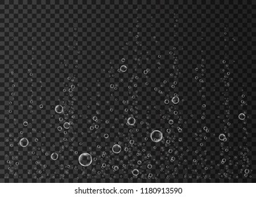 Underwater fizzing air, water or oxygen  bubbles on black  background. Effervescent drink. Soda pop. Undersea vector texture.
