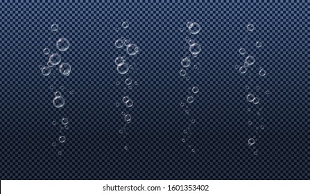 Underwater fizzing bubbles. Air stream, aquarium. Effervescent water,  oxygen drink. Realistic vector illustration.