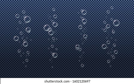 Underwater fizzing bubbles. Air stream, aquarium. Effervescent water,  oxygen drink. Realistic vector illustration.