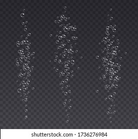 Underwater fizzing bubbles, soda or champagne carbonated drink, sparkling water isolated on a dark background. Effervescent drink. Aquarium, sea, ocean bubbles vector illustration.