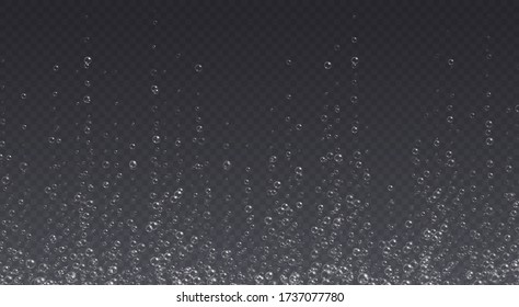 Underwater fizzing bubbles, soda or champagne carbonated drink, sparkling water isolated on a dark background. Effervescent drink. Aquarium, sea, ocean bubbles vector illustration.