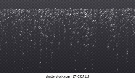 Underwater fizzing bubbles, soda or champagne carbonated drink, sparkling water isolated on a dark background. Effervescent drink. Aquarium, sea, ocean bubbles vector illustration.