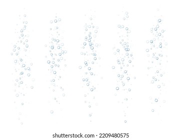 Underwater fizzing bubbles, soda or champagne carbonated drink, sparkling water isolated on white background. Effervescent drink. Aquarium, sea, ocean bubbles vector illustration.