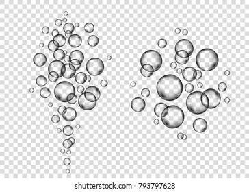  Underwater fizzing gas bubbles on transparent  background. Effervescent drink.  Fizzy sparkles in water, sea, aquarium, ocean. Soda pop. Undersea vector texture.