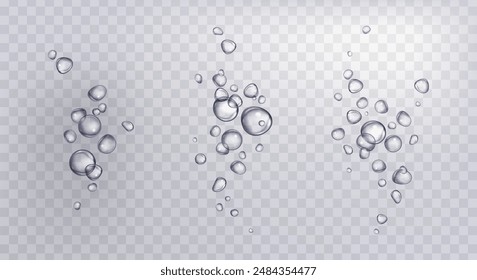 Underwater fizzy bubbles set isolated on transparent background. Vector realistic illustration of air fizz effect in clear water, sparkling soda drink, aquarium liquid flow, splash design elements