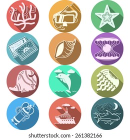 Underwater flat color vector icons. Set of flat color vector icons with white silhouette elements of underwater for summer vacations on white background. Long shadow design