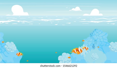 Underwater flat flat vector illustration. Summer ocean, sea scenery backdrop design. Vacation resort, deep sea with reefs and tropical fish. Turquoise lagoon. Seascape cartoon background, wallpaper