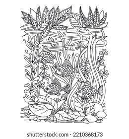 Underwater. Flock of fish swimming in the sea. Doodles. Coloring page for kids. Vector illustration.