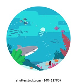 Underwater flora, fauna flat vector illustration. Exotic climate, fish, crabs and shark in aquarium. Beautiful marine nature, coral reef, tropical ocean bottom with seaweed. Aquatic wildlife