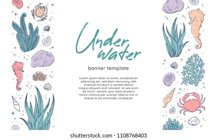 Underwater flora and fauna horisontal banners. Doodle ocean life set on white background. Vector illustration with seaweeds, corals, seahorses, crabs and stones drawn by ink and colored. Sea icon set