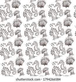 Underwater flora and fauna, seaweed and seahorse with shell seamless pattern. Animals and botany of sea or ocean. Aquarium decoration or wildlife. Monochrome sketch outline, vector in flat style