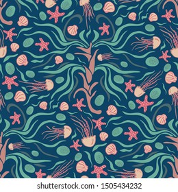 Underwater floral seamless vector pattern with posidonia sea grass, starfish, and jelly fish. Colorful surface pattern design for fabric, wallpaper, scrapbooking projects, backgrounds.