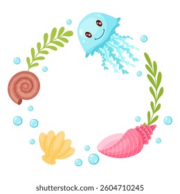 Underwater frame with cartoon jellyfish, shells, and seaweed. Ideal for childrens designs, marine themes, or invitations. Vector illustration. 