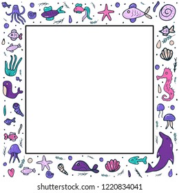Underwater frame in doodle style. Square border with empty space for text. Vector illustration.