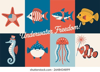 Underwater freedom icon set. Red white blue sea creatures, jellyfish, seahorse, clownfish, striped fish, cute marine illustration. American ocean celebration tile set