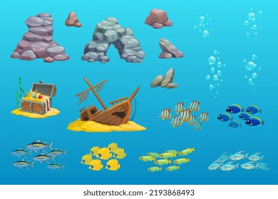 Activo de caza subacuático. Barco de dibujos animados, arco, piedra, peces, burbujas, elementos de diseño gráfico del cofre del tesoro. Ui o gui objetan rocas, cofre del tesoro, peces en el océano o el agua del mar