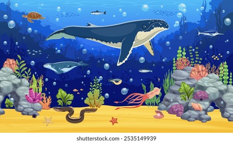 Underwater game landscape background with blue whale and sea animals. Cartoon vector undersea scene with majestic sperm whale float amidst colorful coral reefs and marine life, fish, turtle and squid