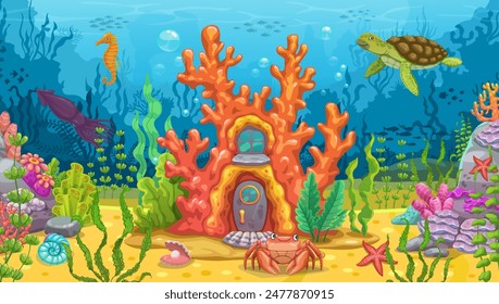 Paisaje submarino del juego con la casa del arrecife de coral. Fondo de la fantasía del Vector de la historieta con el edificio casero de la sirena. Vivienda de cuento de hadas en arrecife con puerta de concha, cangrejo y algas en el patio delantero en el fondo del mar