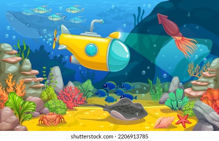 Underwater game landscape with submarine. Cartoon vector sea bottom with fishes, corals, marine plants and animals. Tropical ocean floor scene with bathyscaphe illuminate hidden cave or grotto in rock