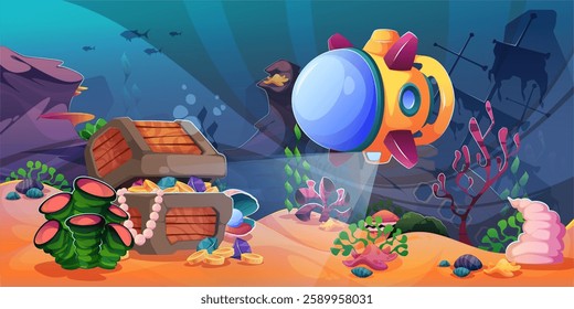 Underwater game landscape with submarine. Vector cartoon sea bottom with treasure chest, aquatic plants and coral reef, rocks and underwater animals. Subaqueous environment with bathyscaphe