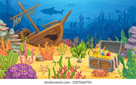 Underwater game landscape, sunken ship and treasure chest. Cartoon vector ocean world level, parallax background with shipwreck boat, pirate loot trunk, fish, coral reef, and seaweeds on sea bottom