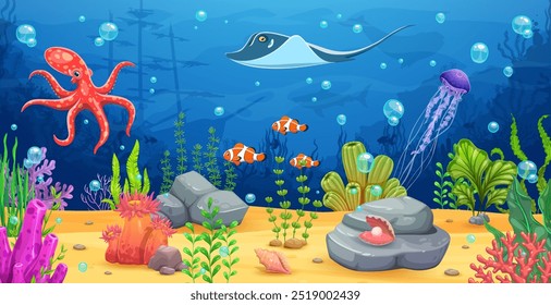 Paisaje de juego submarino con barco hundido y animales marinos como pulpo, pez payaso y medusas, rayas y silueta de ballena. El fondo oceánico del Vector de dibujos animados prospera con corales, rocas y vida vegetal