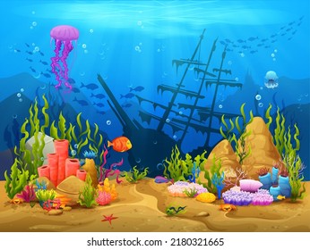 Underwater game level landscape, corals, fish shoal and sunken ship, vector background. Cartoon sea and ocean underwater or undersea landscape for game level, ship wrecks and fishes of coral reef