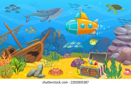 Underwater game level landscape. Sunken ship, whale, submarine, turtle and fish shoal, treasure chest and seaweed. Cartoon vector underwater ocean world background with shipwreck boat and loot trunk