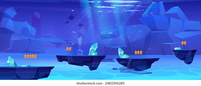 Underwater game level map with floating ground platform for jump and collect golden coins. Cartoon vector illustration of gui aquatic scenery. Blue undersea landscape for adventure videogame.